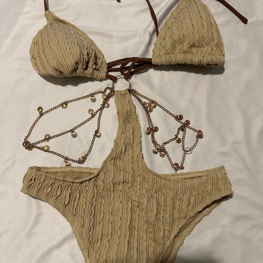 Beige Textured Bikini with Chain Details